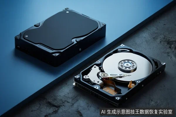 画面中并排放置两块机械硬盘，左侧为闭合外壳，右侧为打开状态，可见盘片、主轴和磁头组件，背景为深色台面。