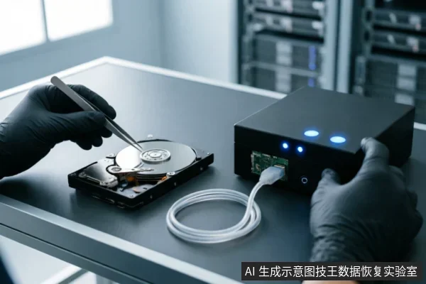 戴黑色手套的技术人员使用镊子检查已拆开外壳的机械硬盘,另一只手连接着带有蓝色指示灯的黑色数据恢复盒,背景为服务器机柜。