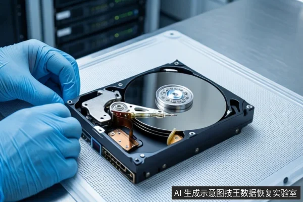 Blue-gloved hands inspecting an open mechanical hard drive on a white anti-static mat.