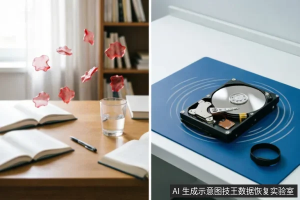 画面展示了一个打开的机械硬盘放置在蓝色垫子上，盘片与磁头结构清晰可见。旁边放有一个黑色橡胶环，背景为白色桌面，无屏幕显示或操作动作，象征对故障存储介质的物理隔离与专业环境下的静态保护。