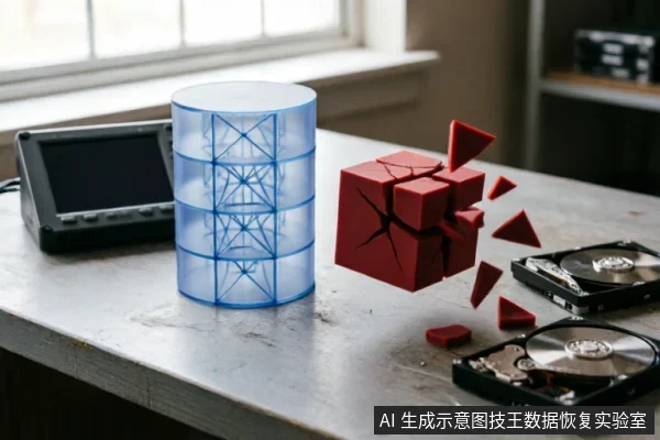 工作台上放置着两台拆解的机械硬盘,旁边有一个代表数据库的蓝色圆柱体模型和一个正在破碎崩解的红色立方体。背景可见示波器屏幕,画面隐喻存储设备物理损坏或数据逻辑崩溃的状态。