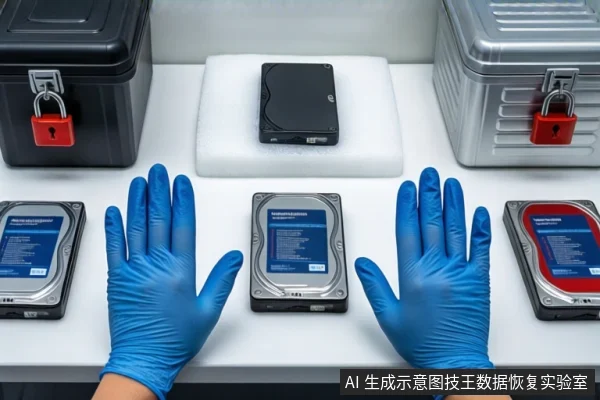 白色防静电工作台上,前景一双戴蓝色手套的手掌心朝外做出停止手势。中间白色泡沫垫上平放一个黑色移动硬盘,左右两侧各有一个挂有红色挂锁的金属防震箱,下方平放三块机械硬盘。