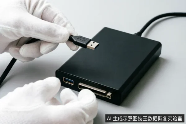 戴着白色防静电手套的双手正在操作黑色移动硬盘,一手持USB数据线准备连接接口,另一只手稳固设备。画面展示了在数据恢复或故障排查过程中检查外部连接链路的谨慎操作细节。