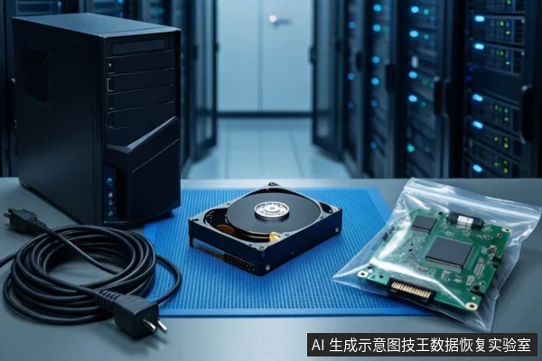 灰色桌面上铺着蓝色防静电垫,左侧是一台黑色台式主机和盘绕的黑色线缆,中间平放一块打开外壳的机械硬盘,右侧透明袋内装有一块绿色电路板,背景为模糊的服务器机柜。