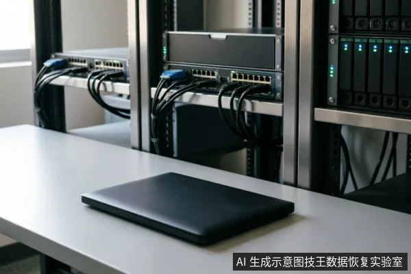 一张闭合的黑色笔记本电脑静置于白色桌面上，背景为模糊的服务器机柜。机柜内安装有网络交换机和存储设备，连接着多根黑色网线，指示灯亮起，呈现出专业的数据机房或技术检测环境氛围。