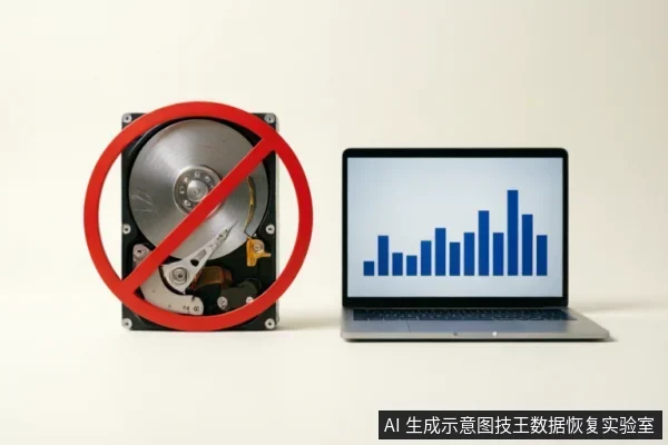 画面左侧为一个被红色禁止符号覆盖的裸露机械硬盘,右侧是一台显示蓝色柱状统计图的笔记本电脑。两者并排置于白色背景上,直观表达禁止对故障硬盘进行数据扫描或写入操作的概念。
