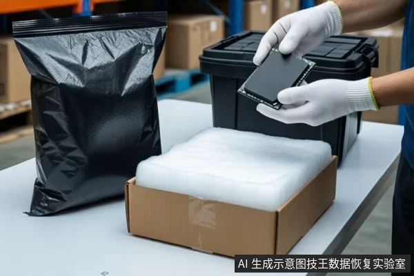 仓库环境中,白色桌面上放置一个装有白色泡沫的纸箱和一个黑色防静电袋。一双戴白色手套的手正握持一块黑色固态硬盘,悬停在泡沫上方。右侧放置一个闭合的黑色防震箱,背景可见货架和纸箱。