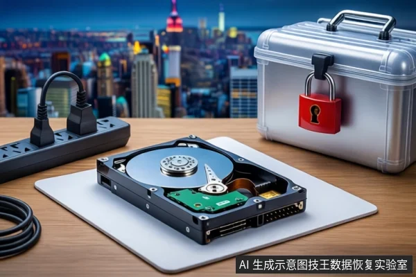 木质桌面上,白色垫子上平放一块打开外壳的机械硬盘,左侧有黑色电源插排和盘绕的线缆,右侧为挂有红色挂锁的银色金属防震箱,背景为模糊的城市夜景。