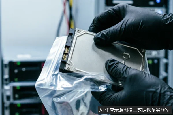 戴着黑色防静电手套的双手正将一块机械硬盘放入透明防静电袋中,背景为模糊的服务器机柜设备。画面展示了在专业环境下对存储介质进行规范防护与搬运的场景。