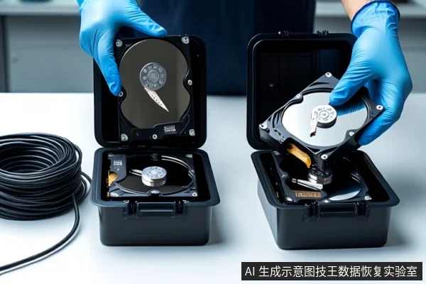 白色桌面上并排摆放两个打开的黑色防震箱,箱内各固定一块机械硬盘。一双戴蓝色手套的手正分别握持两块硬盘,左侧硬盘悬空,右侧硬盘正被放入箱内。左侧桌面上盘绕着一根黑色线缆。