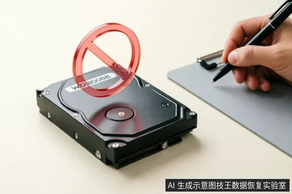 画面展示了一块WD800BB型号的机械硬盘,上方悬浮着一个红色的禁止符号。右侧有一只手握着笔在剪贴板上准备记录,寓意在硬盘故障时禁止盲目操作或写入,强调保护原始介质和停止错误操作的重要性。