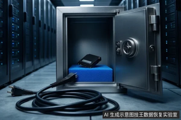 服务器机房通道内,一个打开的金属保险柜门内,蓝色垫子上平放一块黑色固态硬盘。前景地面盘绕着一根黑色电源线,两端插头未连接。