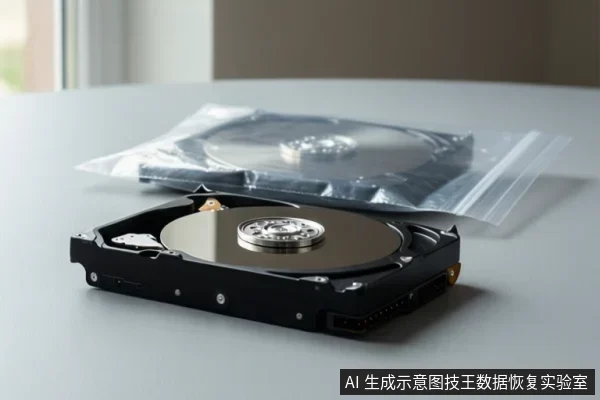 桌面上放置着一个打开的机械硬盘，露出金属盘片，后方有一个密封袋，袋内装有另一块硬盘部件。