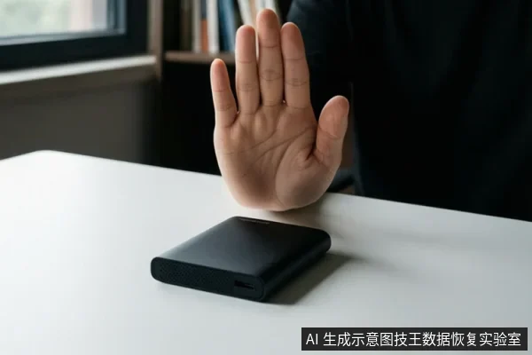 白色桌面上放置一个黑色长方形电子设备，设备一端可见接口，后方有一只手掌张开，背景为室内书架与窗户。