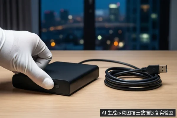 木质桌面上,一只戴白色手套的手正按压一个黑色外接硬盘盒,右侧盘绕着一根黑色USB数据线,背景为模糊的城市夜景。