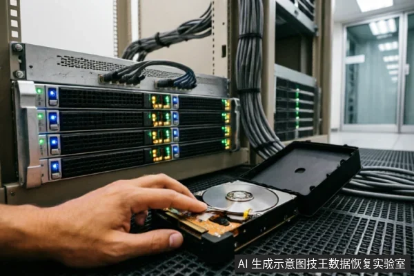一只手持握已打开外壳的笔记本机械硬盘,展示内部磁盘与磁头组件。背景为带有密集指示灯和线缆的专业服务器机柜,营造出专业数据恢复实验室的精密环境氛围。