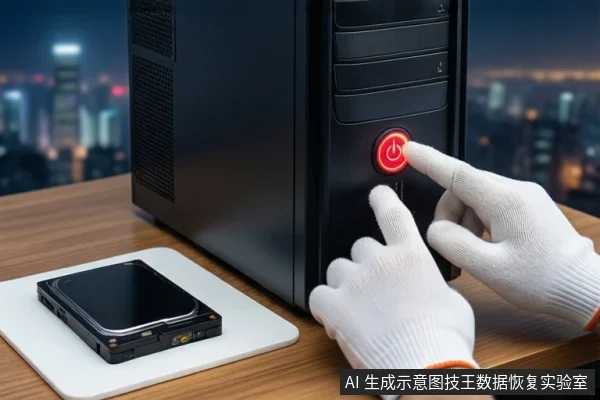 木质桌面上,戴白手套的双手正按压黑色塔式主机正面的红色电源按钮,左侧白色垫子上平放一块黑色移动硬盘,背景为模糊的城市夜景。