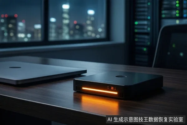 深色木桌上平放一台银色笔记本电脑和一个黑色小型计算设备,设备正面亮着橙色指示灯。背景是模糊的城市夜景窗户和服务器机柜。