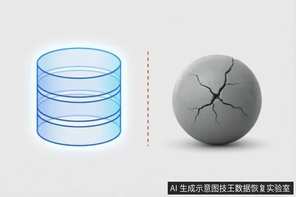 左侧为蓝色线框圆柱体象征完好的数据存储结构,右侧为表面布满裂纹的灰色球体象征遭受物理损坏的介质,中间以红色虚线分隔。