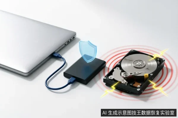 图中展示了一台笔记本电脑通过USB线连接移动硬盘盒,上方悬浮蓝色盾牌象征数据保护;右侧是一个带有闪电和红色波纹特效的裸露机械硬盘,示意硬件故障或危险状态。