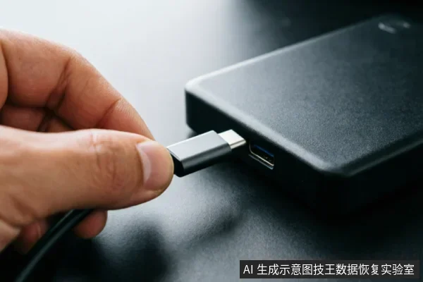 一只手正捏着黑色USB Type-C数据线的接头,将其对准并插入一个黑色长方形移动硬盘侧面的接口中,背景为深色桌面。