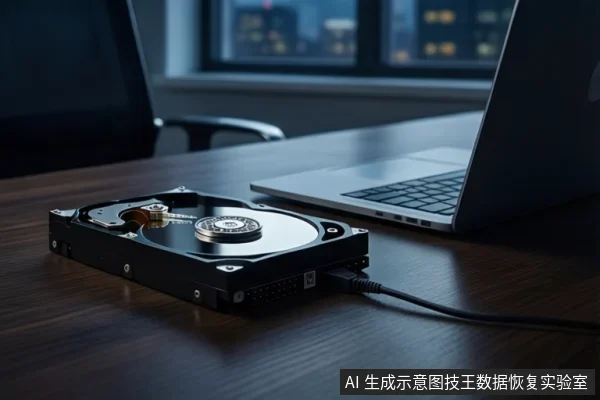 深色木质桌面上,左侧平放一块打开外壳的机械硬盘,可见盘片、主轴和磁头组件,右侧是一台银色笔记本电脑,硬盘通过黑色线缆连接至笔记本,背景为模糊的窗户和办公椅。
