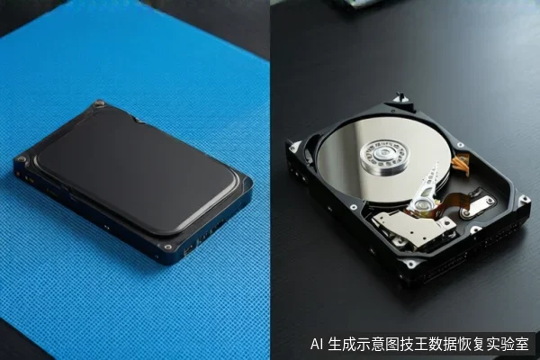 画面分为左右两部分,左侧蓝色防静电垫上平放一块闭合的黑色硬盘,右侧深色桌面上平放一块打开外壳的机械硬盘,露出盘片与磁头组件。