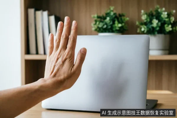 一只手掌在银色笔记本电脑屏幕前做出明显的“停止”手势，示意拒绝或禁止操作。背景为模糊的木质书架和绿色盆栽，营造出办公环境氛围，视觉重点在于手与电脑之间的阻断关系。