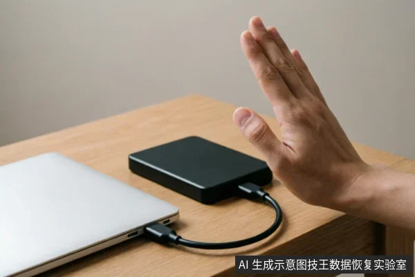 一只手掌在连接着笔记本电脑的黑色移动硬盘前做出停止手势,示意立即断开连接并停止操作。画面直观展示了当硬盘出现异常或数据风险时,应第一时间物理中断读写行为的紧急处理措施。