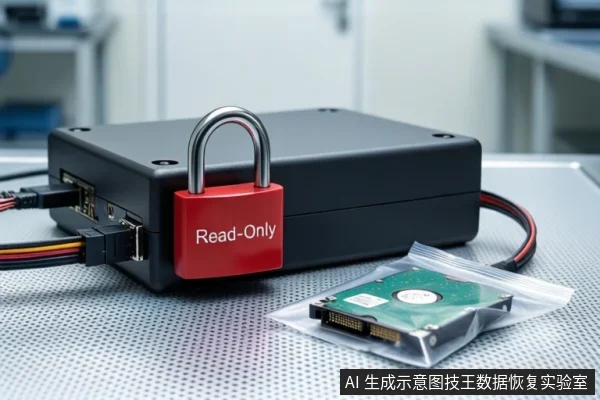 金属防静电工作台上,一个黑色外接硬盘盒侧面挂着一把红色挂锁,锁体印有Read-Only字样;右侧透明防静电袋内平放一块SSD固态硬盘,左侧连接着SATA数据线和电源线。