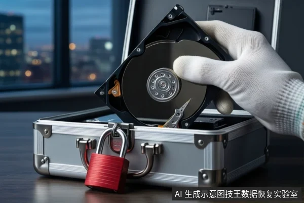 木质桌面上,戴白手套的手持握一块打开外壳的机械硬盘,下方银色防震箱挂有红色挂锁,背景为模糊的城市夜景。
