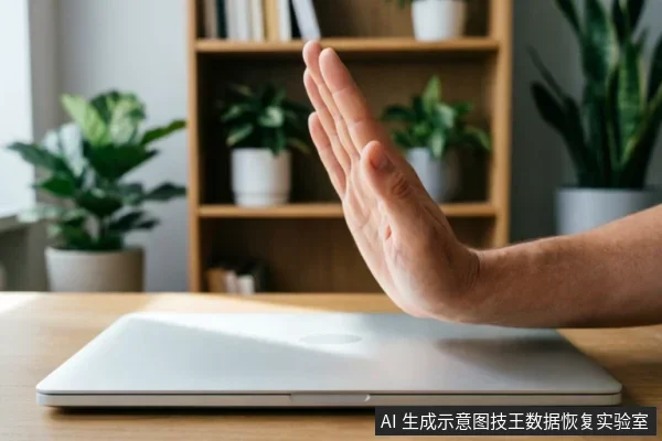 一只手掌在闭合的银色笔记本电脑前做出明显的“停止”手势,示意拒绝操作或暂停使用。背景为模糊的书架和绿植,营造出办公环境氛围,直观表达在硬盘出现物理故障时应立即停止通电扫描的含义。