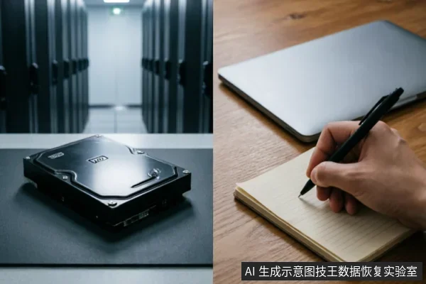 左侧展示放置在桌面上的WD品牌硬盘，背景为服务器机房；右侧特写一只手正握笔在笔记本上记录信息，旁边放有闭合的笔记本电脑。画面直观呈现了故障排查时记录设备状态与物理介质的场景。