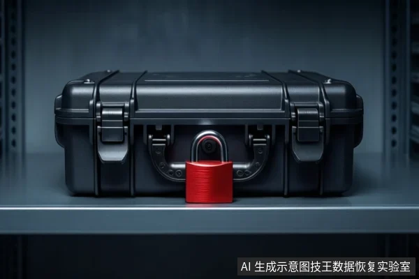 金属货架上放置一个闭合的黑色防震箱，箱体正面挂着一把红色挂锁，背景为深色机柜环境。