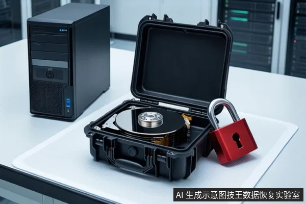 白色桌面上，左侧竖立一台黑色塔式主机，中间一个打开的黑色防震箱内平放一块机械硬盘，右侧挂着一把红色挂锁。背景为模糊的服务器机柜。