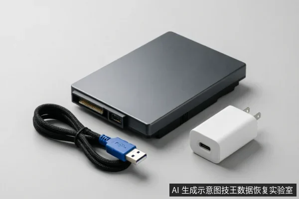 画面展示了一个深灰色外接硬盘盒,侧面可见SATA数据与供电接口。旁边放置着一根蓝色USB数据线和一个白色Type-C电源适配器,用于排查外部连接及供电问题。