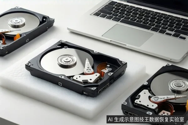 白色桌面上,三块打开外壳的机械硬盘平放在白色泡沫垫上,可见盘片、主轴和磁头组件,右上方有一台银色笔记本电脑。