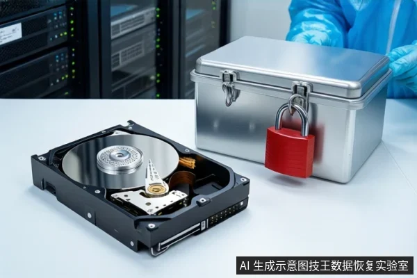洁净室白色桌面上平放一块打开外壳的机械硬盘,露出盘片与磁头组件。右侧为挂有红色挂锁的银色金属防震箱。背景可见服务器机柜和穿蓝色无尘服的技术人员。
