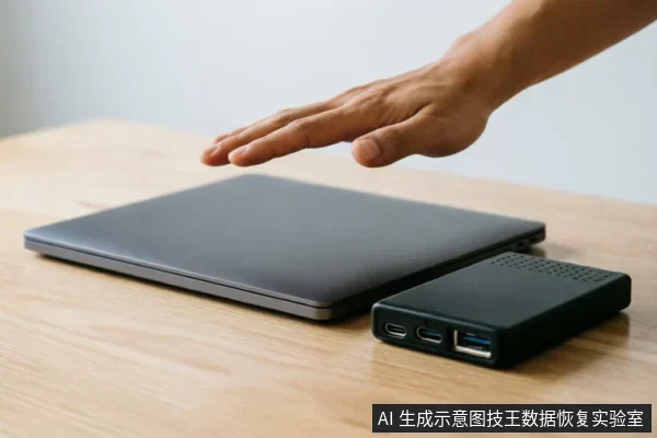 木质桌面上放置着一台闭合的银灰色笔记本电脑和一个黑色多接口移动硬盘盒。一只悬空的手掌正位于设备上方,做出准备接触或切断连接的动作,示意停止操作。