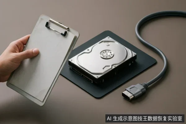 画面中一只手拿着写字板,旁边黑色垫子上放置着一块裸露的机械硬盘,右侧连接着一条SATA数据线。该场景示意在硬盘故障时记录设备状态及检查外部连接线的操作。