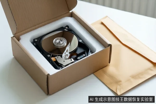 白色桌面上，一个打开的瓦楞纸箱内用白色泡沫固定着一块裸露的机械硬盘，右侧放着一个牛皮纸信封。