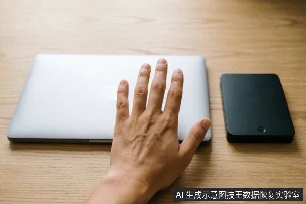 A hand rests on a closed silver laptop next to an external hard drive on a wooden desk, illustrating the handling of storage media.