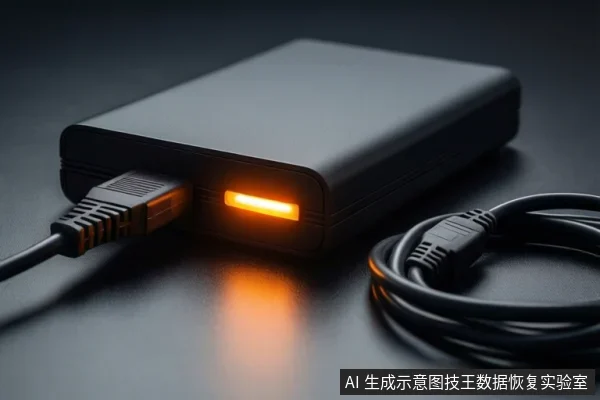 深色桌面上,一个黑色外接硬盘盒正面亮着橙色指示灯,左侧连接着一根黑色USB线缆,右侧盘绕着另一根黑色线缆。