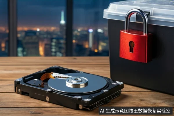 木质桌面上平放一块打开外壳的机械硬盘,右侧竖立一个挂有红色挂锁的黑色防震箱,背景为模糊的城市夜景。