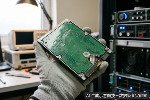 一只戴着灰色防静电手套的手在服务器机柜前托举着一块SAS硬盘,清晰展示了绿色的电路板背面、金属固定螺丝及金手指接口。背景可见机架式设备及测试仪器,体现了专业硬件维修与检测环境。