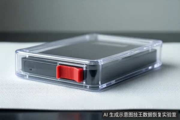 白色桌面上平放一个透明塑料盒,盒内装有一块黑色存储设备,侧面有一个红色滑动开关。背景为模糊的灰色环境。