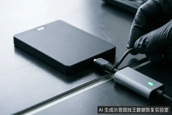 一只戴着黑色防静电手套的手正将数据线连接至移动硬盘,线缆另一端接入带有绿色指示灯的灰色适配器或集线器。画面展示了专业环境下的设备连接与介质安全确认场景。