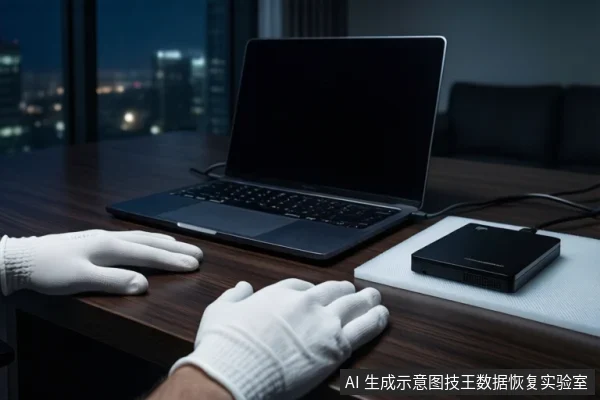 木质桌面上，戴白手套的双手平放，左侧为屏幕关闭的笔记本电脑，右侧白色垫子上平放一个黑色方形存储设备，背景为模糊的城市夜景。