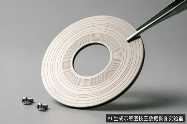 一把金属镊子夹持着一个带有同心圆纹理的圆形磁盘介质(如硬盘盘片),旁边散落着两颗十字螺丝,背景为纯净的灰色。