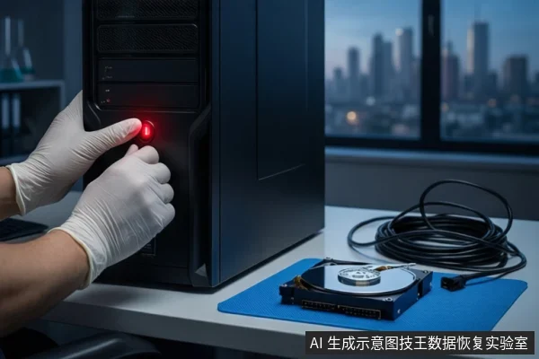 戴白手套的双手正在按压黑色塔式主机正面亮红灯的电源按钮,右侧蓝色防静电垫上平放一块打开外壳的机械硬盘,背景为模糊的城市夜景。